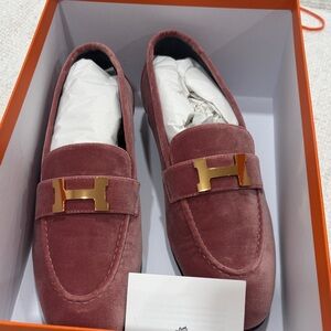 Hermes Pink Suede Loafers with Gold Accent